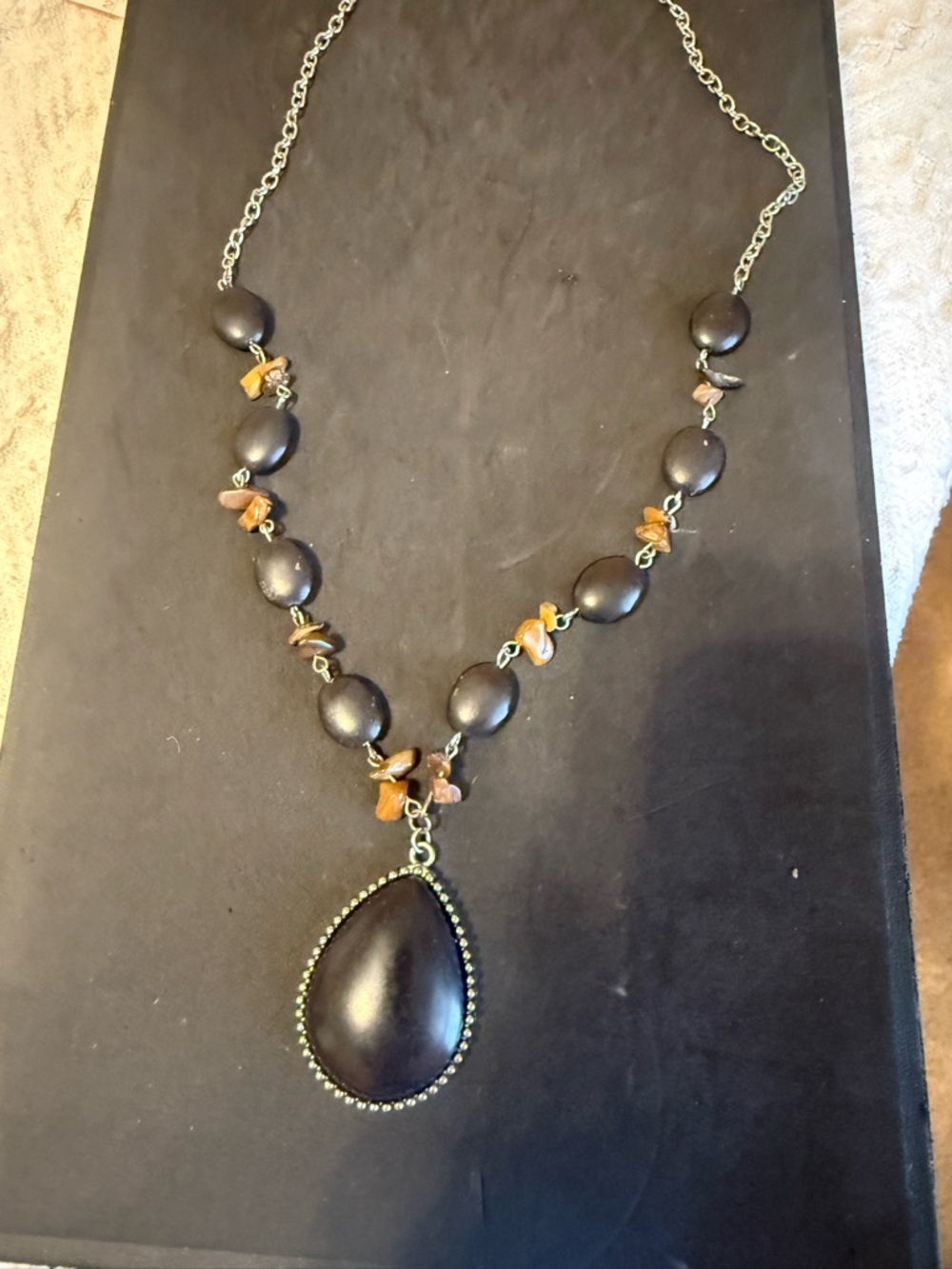Black Teardrop Pendant Necklace with Amber Accent Beads
